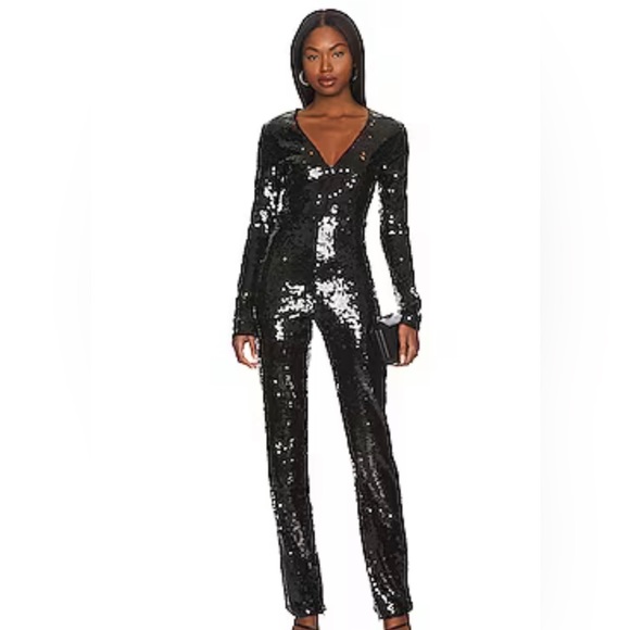 NWT Good American black sequin v neck long sleeve straight leg jumpsuit. 3XL - Picture 1 of 7
